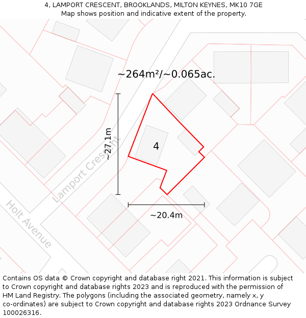 4, LAMPORT CRESCENT, BROOKLANDS, MILTON KEYNES, MK10 7GE: Plot and title map