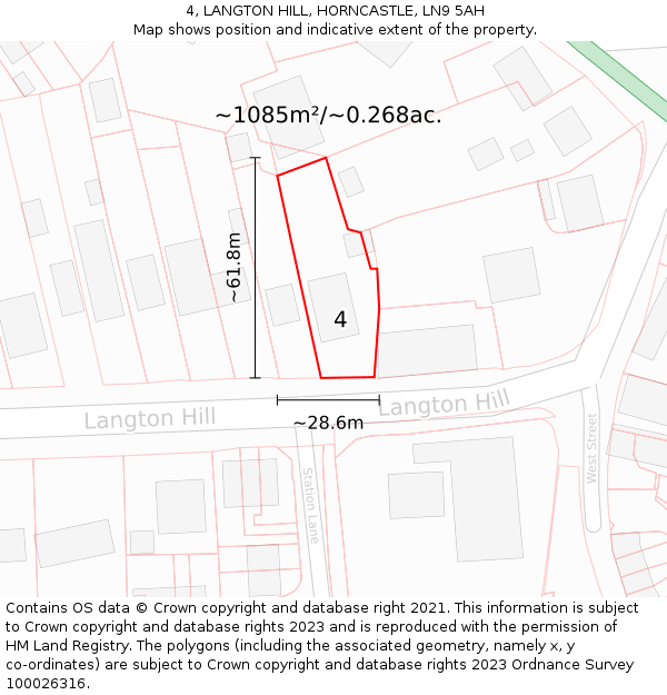 4, LANGTON HILL, HORNCASTLE, LN9 5AH: Plot and title map