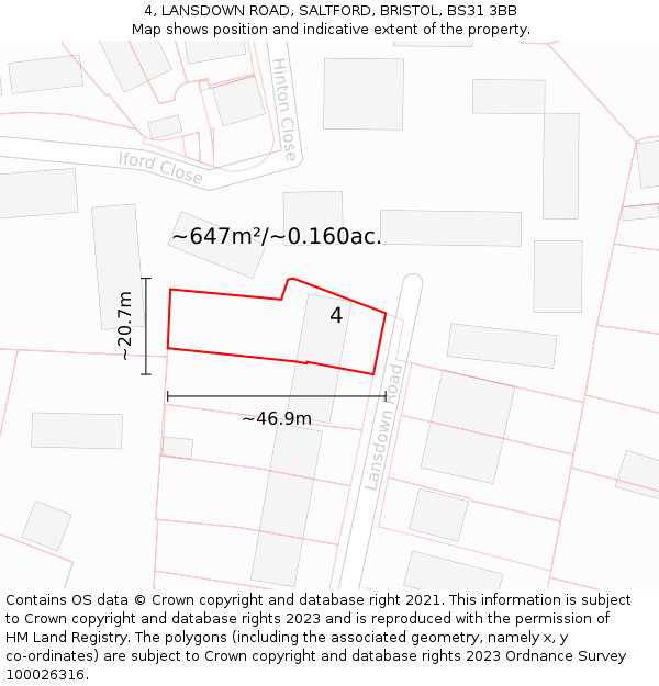 4, LANSDOWN ROAD, SALTFORD, BRISTOL, BS31 3BB: Plot and title map