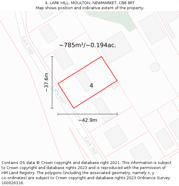 4, LARK HILL, MOULTON, NEWMARKET, CB8 8RT: Plot and title map