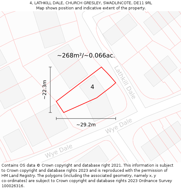 4, LATHKILL DALE, CHURCH GRESLEY, SWADLINCOTE, DE11 9RL: Plot and title map