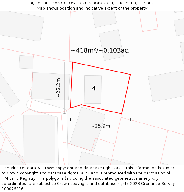 4, LAUREL BANK CLOSE, QUENIBOROUGH, LEICESTER, LE7 3FZ: Plot and title map