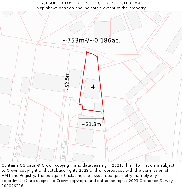 4, LAUREL CLOSE, GLENFIELD, LEICESTER, LE3 8AW: Plot and title map