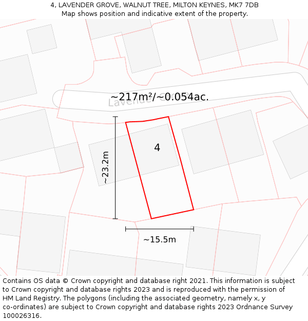 4, LAVENDER GROVE, WALNUT TREE, MILTON KEYNES, MK7 7DB: Plot and title map