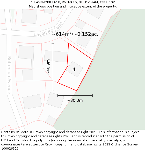 4, LAVENDER LANE, WYNYARD, BILLINGHAM, TS22 5GX: Plot and title map