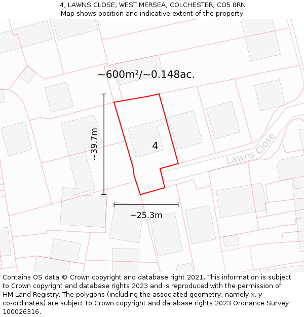 4, LAWNS CLOSE, WEST MERSEA, COLCHESTER, CO5 8RN: Plot and title map