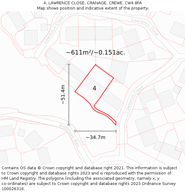 4, LAWRENCE CLOSE, CRANAGE, CREWE, CW4 8FA: Plot and title map