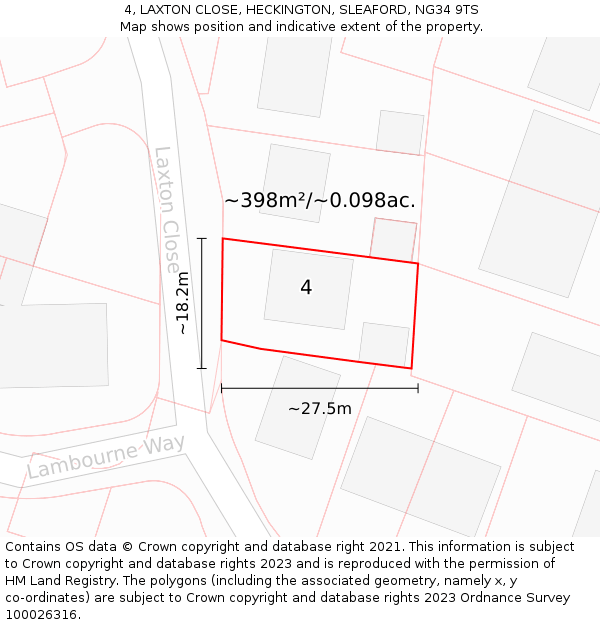 4, LAXTON CLOSE, HECKINGTON, SLEAFORD, NG34 9TS: Plot and title map