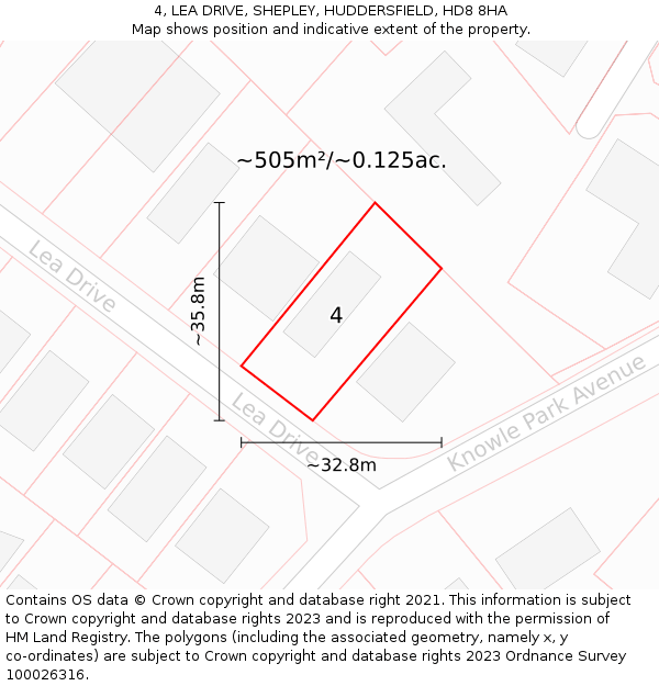 4, LEA DRIVE, SHEPLEY, HUDDERSFIELD, HD8 8HA: Plot and title map