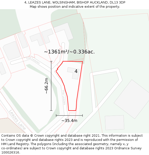 4, LEAZES LANE, WOLSINGHAM, BISHOP AUCKLAND, DL13 3DP: Plot and title map