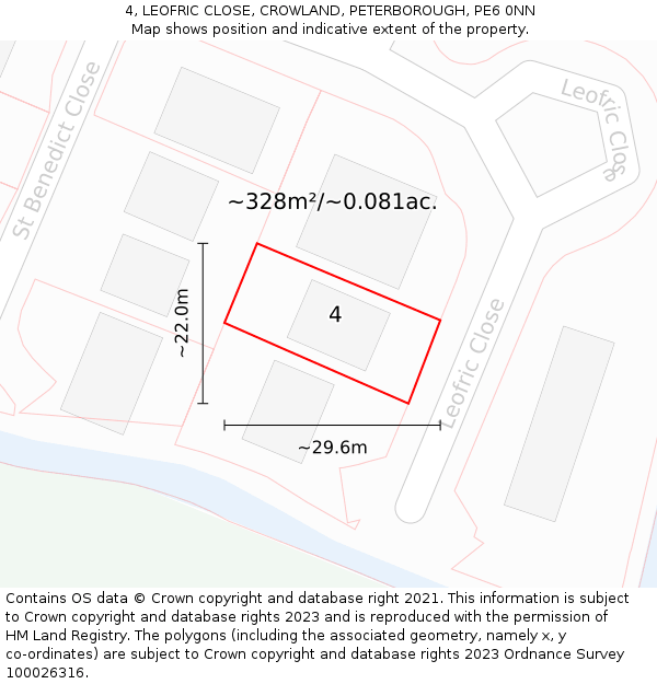 4, LEOFRIC CLOSE, CROWLAND, PETERBOROUGH, PE6 0NN: Plot and title map