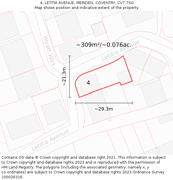 4, LETITIA AVENUE, MERIDEN, COVENTRY, CV7 7SG: Plot and title map