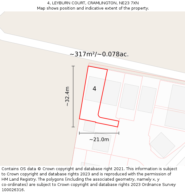 4, LEYBURN COURT, CRAMLINGTON, NE23 7XN: Plot and title map