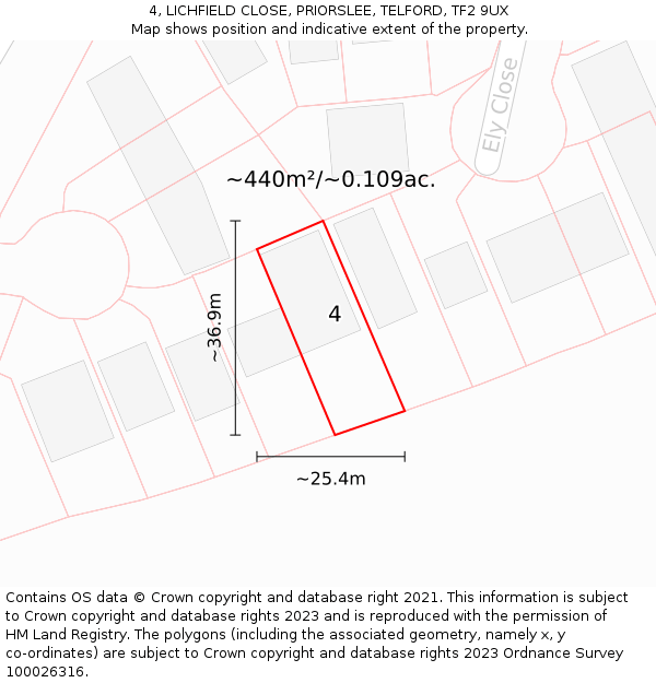 4, LICHFIELD CLOSE, PRIORSLEE, TELFORD, TF2 9UX: Plot and title map