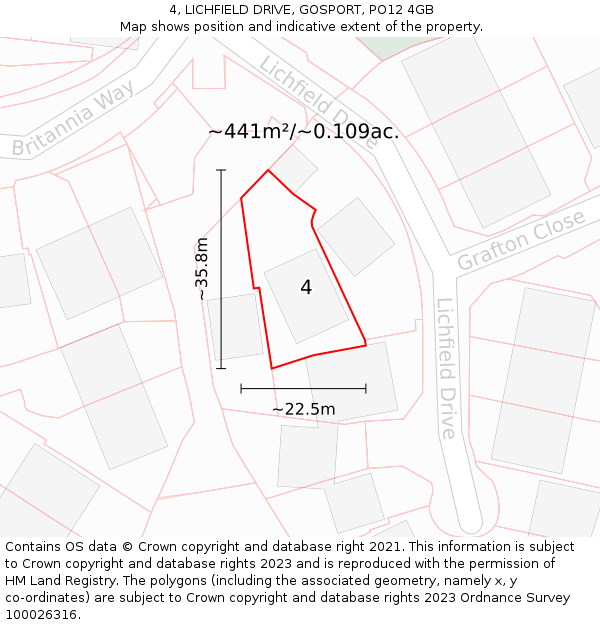 4, LICHFIELD DRIVE, GOSPORT, PO12 4GB: Plot and title map