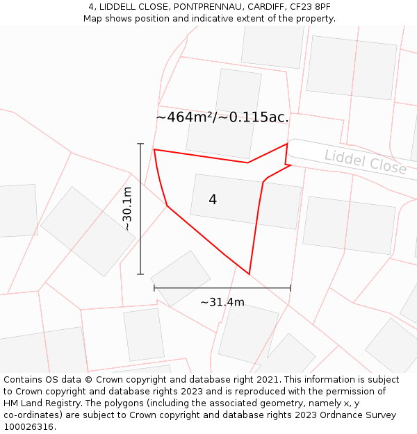 4, LIDDELL CLOSE, PONTPRENNAU, CARDIFF, CF23 8PF: Plot and title map