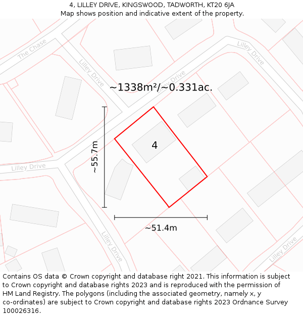 4, LILLEY DRIVE, KINGSWOOD, TADWORTH, KT20 6JA: Plot and title map