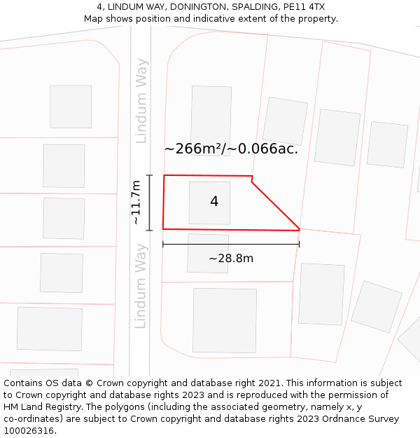 4, LINDUM WAY, DONINGTON, SPALDING, PE11 4TX: Plot and title map