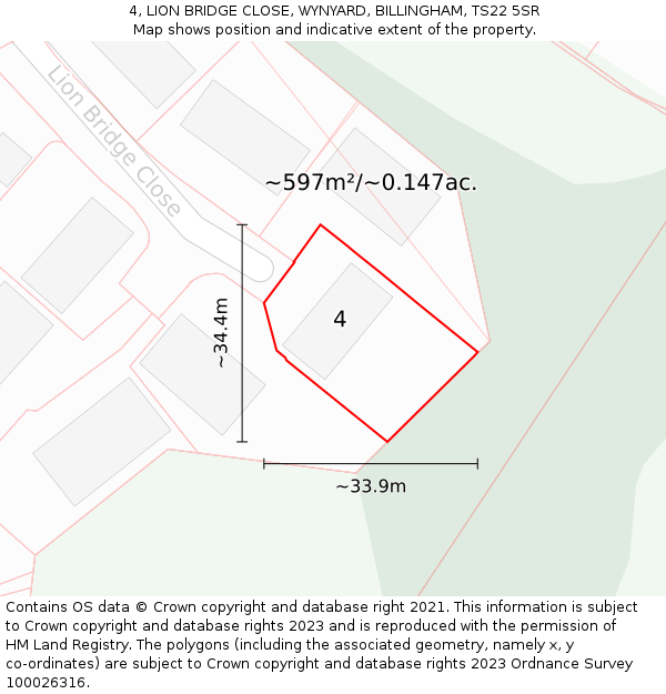 4, LION BRIDGE CLOSE, WYNYARD, BILLINGHAM, TS22 5SR: Plot and title map