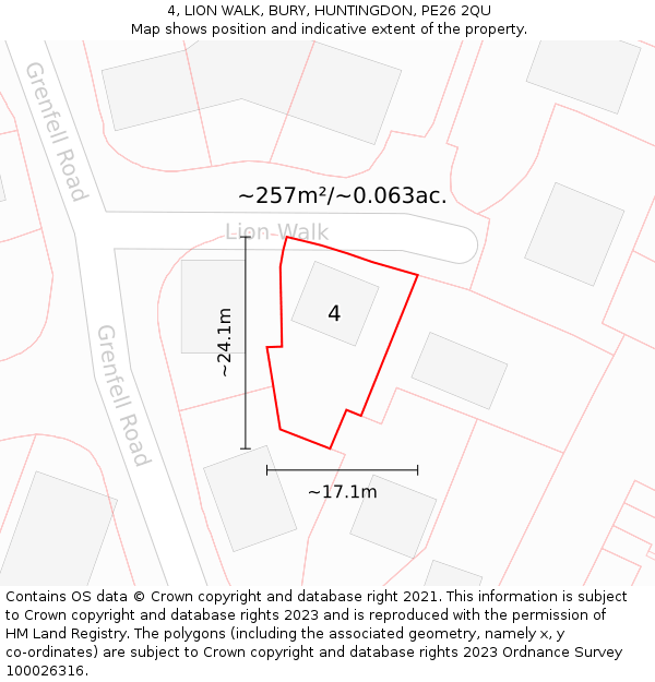 4, LION WALK, BURY, HUNTINGDON, PE26 2QU: Plot and title map