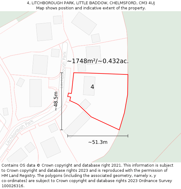 4, LITCHBOROUGH PARK, LITTLE BADDOW, CHELMSFORD, CM3 4UJ: Plot and title map