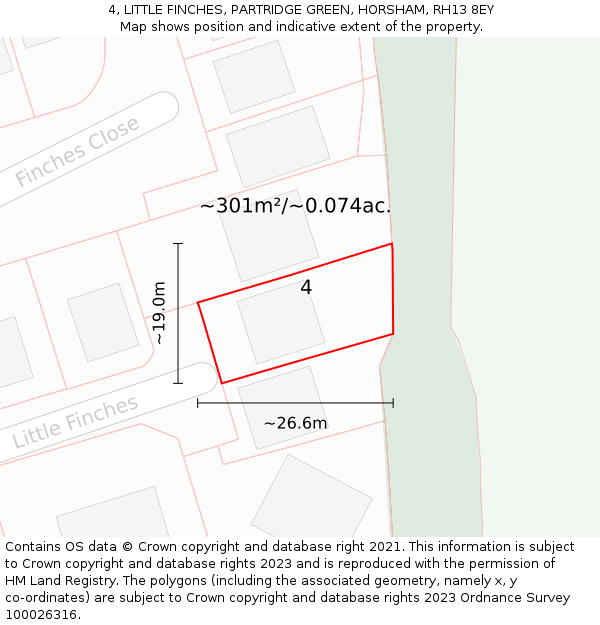 4, LITTLE FINCHES, PARTRIDGE GREEN, HORSHAM, RH13 8EY: Plot and title map