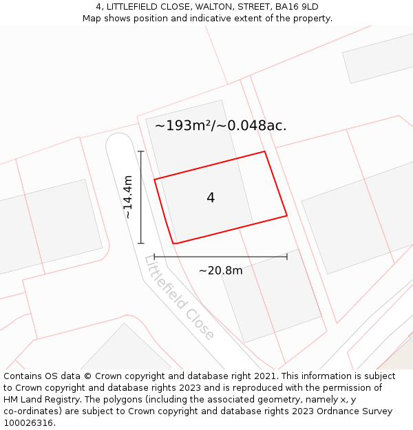 4, LITTLEFIELD CLOSE, WALTON, STREET, BA16 9LD: Plot and title map