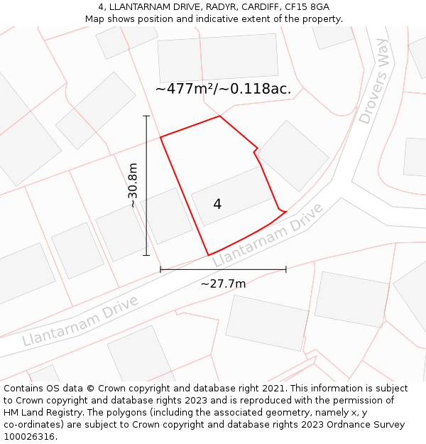 4, LLANTARNAM DRIVE, RADYR, CARDIFF, CF15 8GA: Plot and title map