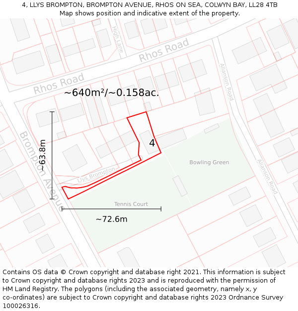 4, LLYS BROMPTON, BROMPTON AVENUE, RHOS ON SEA, COLWYN BAY, LL28 4TB: Plot and title map
