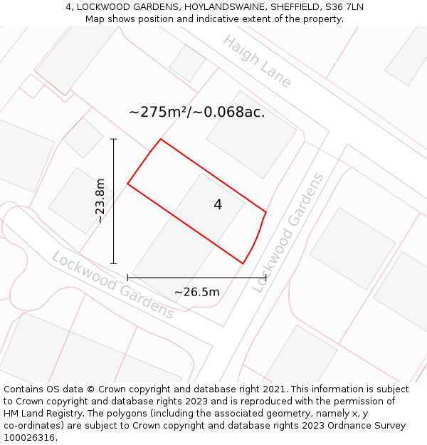 4, LOCKWOOD GARDENS, HOYLANDSWAINE, SHEFFIELD, S36 7LN: Plot and title map