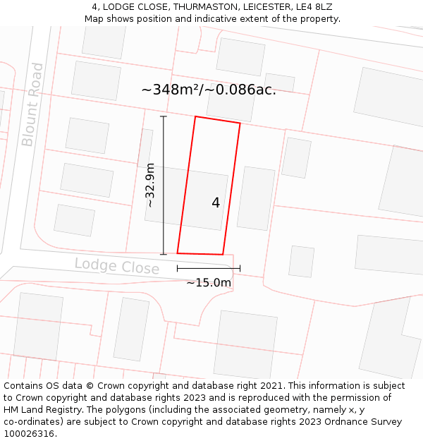 4, LODGE CLOSE, THURMASTON, LEICESTER, LE4 8LZ: Plot and title map