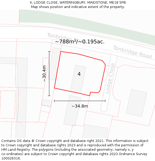 4, LODGE CLOSE, WATERINGBURY, MAIDSTONE, ME18 5PB: Plot and title map