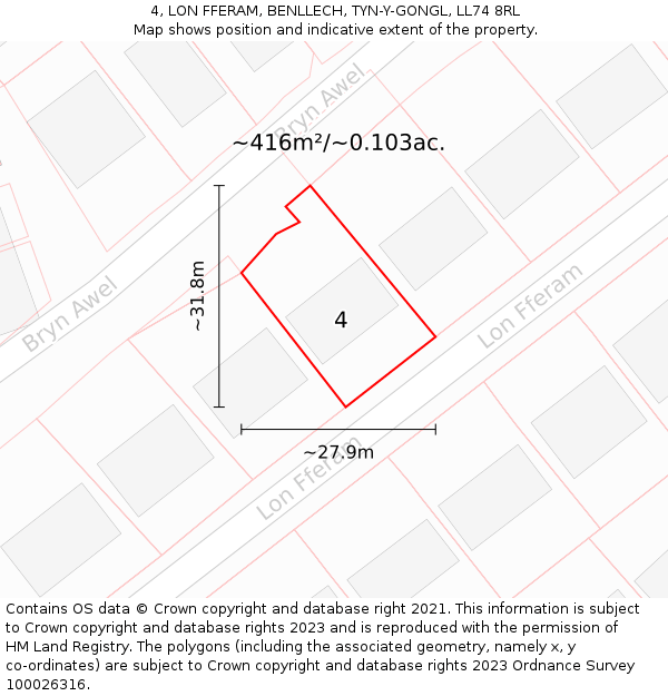 4, LON FFERAM, BENLLECH, TYN-Y-GONGL, LL74 8RL: Plot and title map