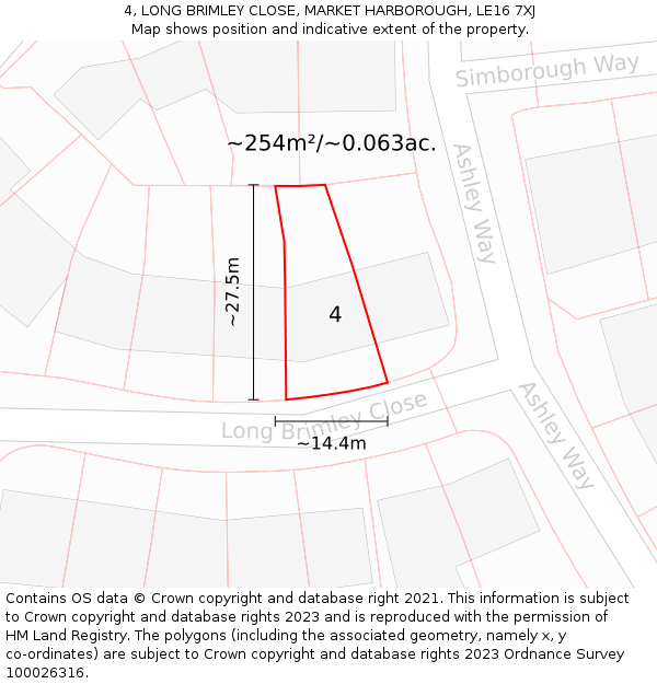 4, LONG BRIMLEY CLOSE, MARKET HARBOROUGH, LE16 7XJ: Plot and title map