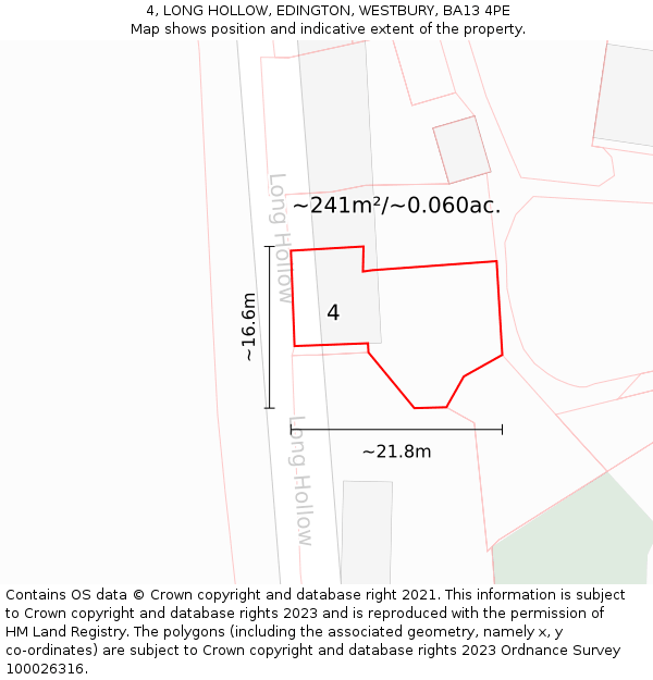 4, LONG HOLLOW, EDINGTON, WESTBURY, BA13 4PE: Plot and title map