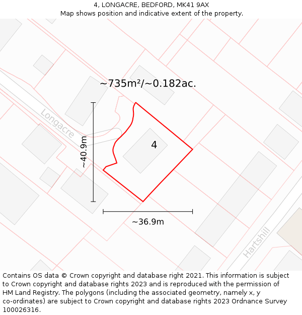 4, LONGACRE, BEDFORD, MK41 9AX: Plot and title map