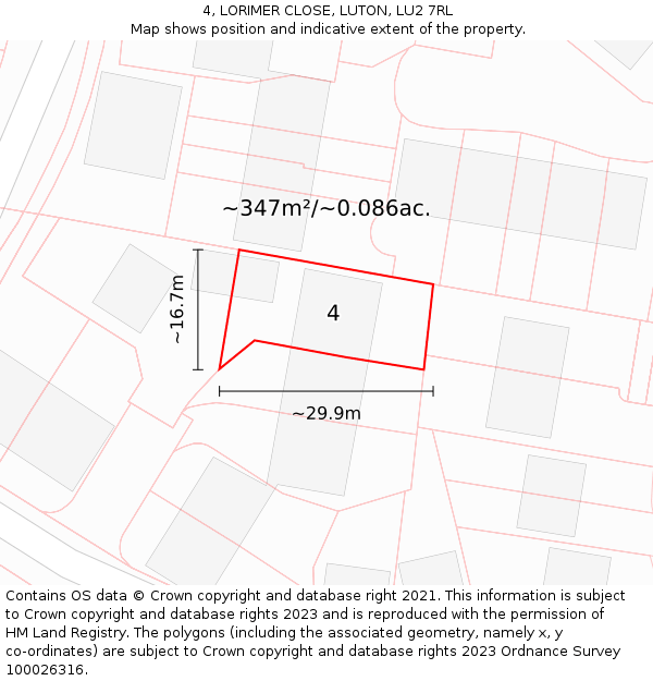 4, LORIMER CLOSE, LUTON, LU2 7RL: Plot and title map