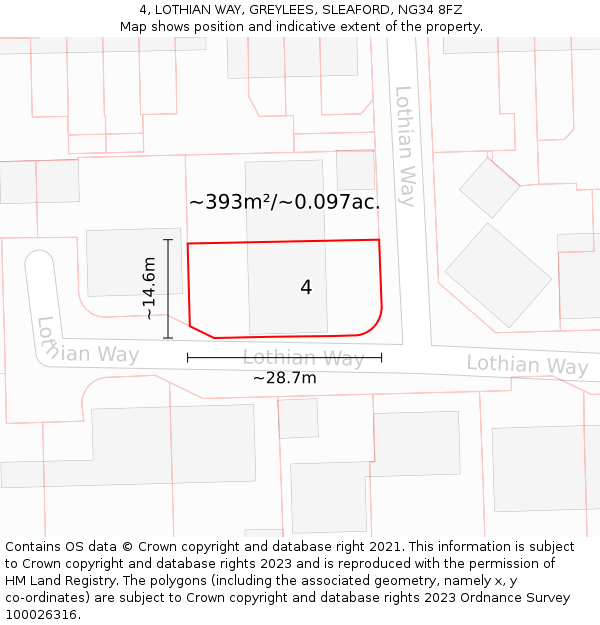 4, LOTHIAN WAY, GREYLEES, SLEAFORD, NG34 8FZ: Plot and title map