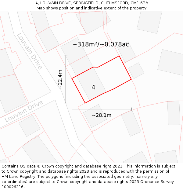 4, LOUVAIN DRIVE, SPRINGFIELD, CHELMSFORD, CM1 6BA: Plot and title map