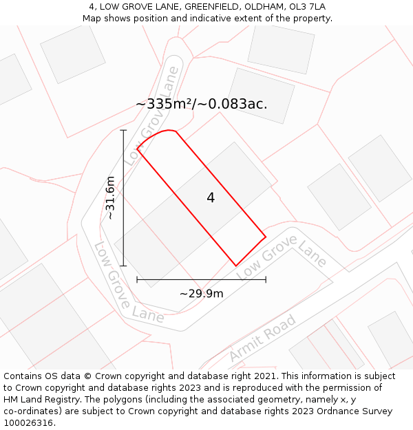 4, LOW GROVE LANE, GREENFIELD, OLDHAM, OL3 7LA: Plot and title map