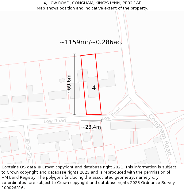 4, LOW ROAD, CONGHAM, KING'S LYNN, PE32 1AE: Plot and title map