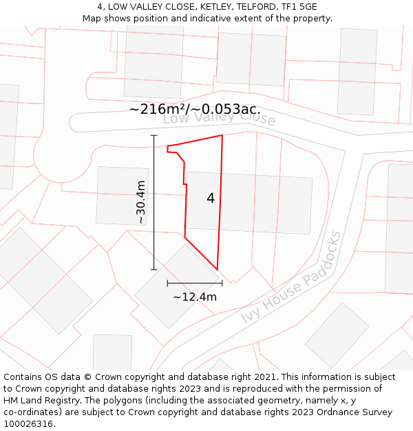 4, LOW VALLEY CLOSE, KETLEY, TELFORD, TF1 5GE: Plot and title map