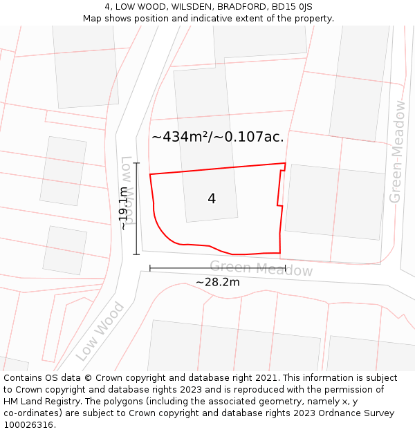 4, LOW WOOD, WILSDEN, BRADFORD, BD15 0JS: Plot and title map