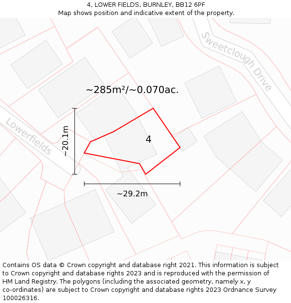 4, LOWER FIELDS, BURNLEY, BB12 6PF: Plot and title map