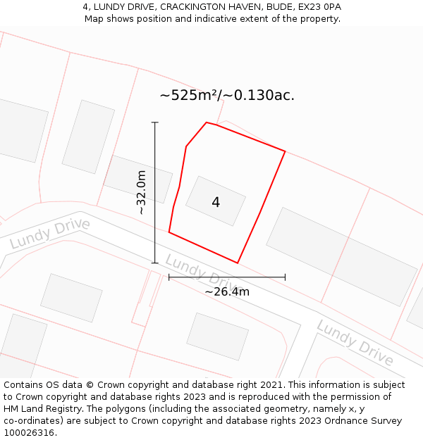 4, LUNDY DRIVE, CRACKINGTON HAVEN, BUDE, EX23 0PA: Plot and title map