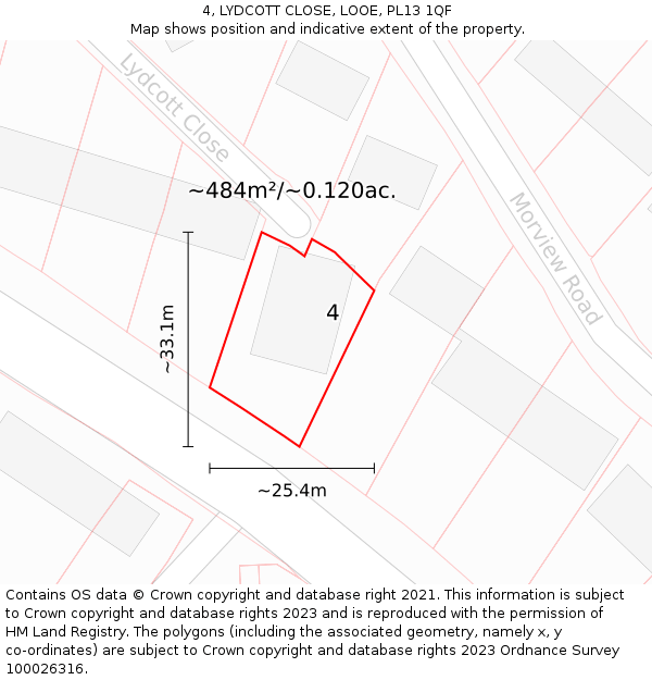 4, LYDCOTT CLOSE, LOOE, PL13 1QF: Plot and title map