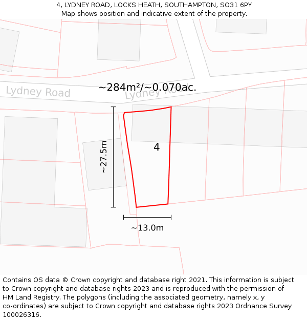 4, LYDNEY ROAD, LOCKS HEATH, SOUTHAMPTON, SO31 6PY: Plot and title map
