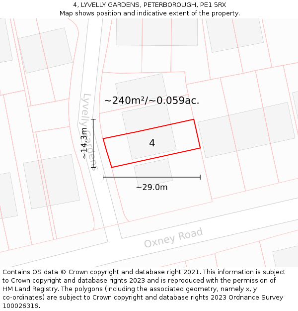 4, LYVELLY GARDENS, PETERBOROUGH, PE1 5RX: Plot and title map