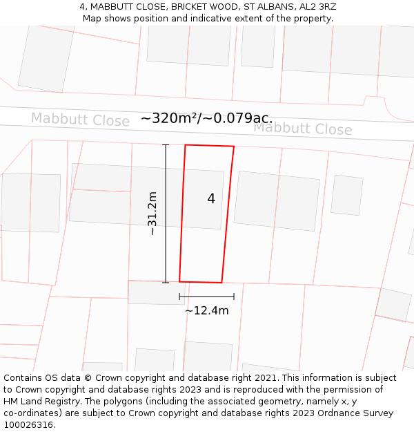 4, MABBUTT CLOSE, BRICKET WOOD, ST ALBANS, AL2 3RZ: Plot and title map