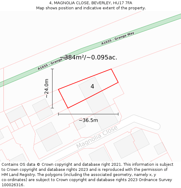 4, MAGNOLIA CLOSE, BEVERLEY, HU17 7FA: Plot and title map